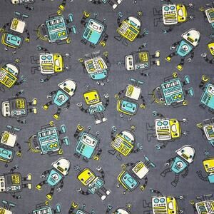 Yellow & Light Blue Robot on Gray Cotton Flannel Fabric - 1 Yard